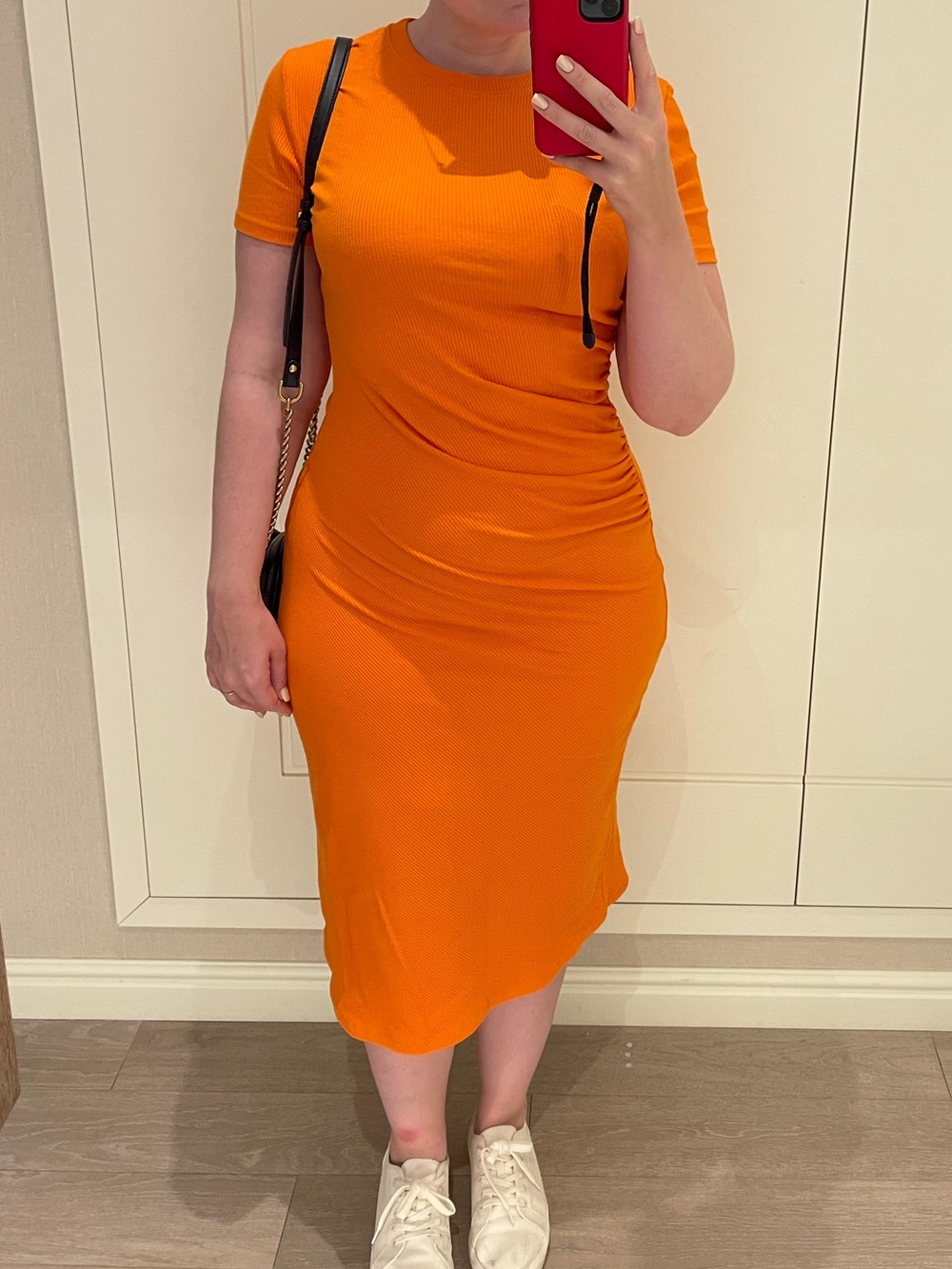 Zara Orange Short-Sleeve Ruched Midi Dress